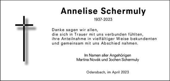 Traueranzeige von Annelise Schermuly von Weilburger Tageblatt
