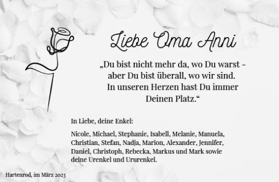Traueranzeige von Anni  von Hinterländer Anzeiger