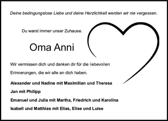 Traueranzeige von Anni  von VRM Trauer