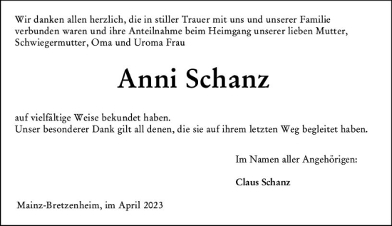 Traueranzeige von Anni Schanz von Allgemeine Zeitung Mainz