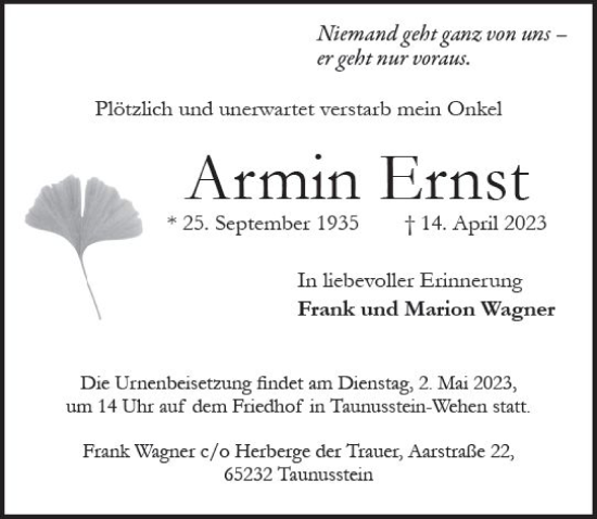 Traueranzeige von Armin Ernst von Wiesbadener Kurier
