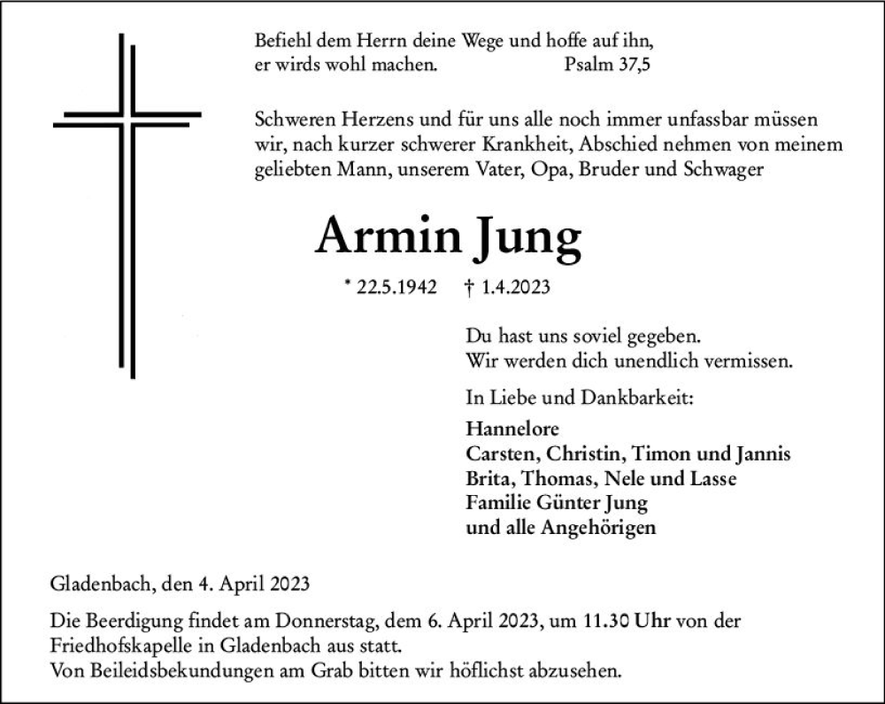 Traueranzeige für Armin Jung vom 04.04.2023 aus Hinterländer Anzeiger