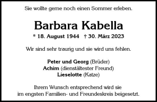 Traueranzeige von Barbara Kabella von Wiesbadener Kurier
