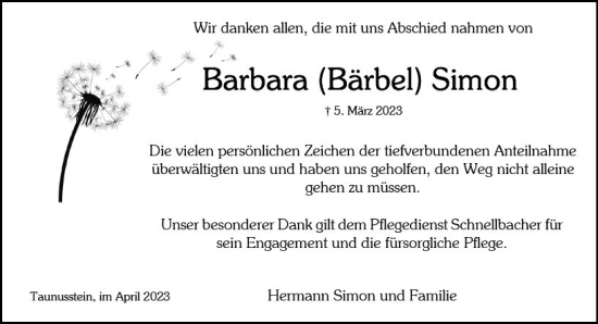 Traueranzeige von Barbara Simon von Idsteiner Land/Untertaunus