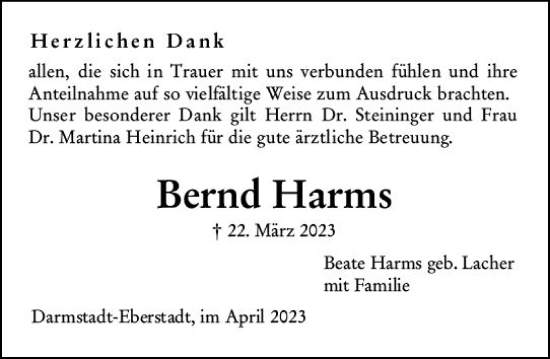Traueranzeige von Bernd Harms von Darmstädter Echo