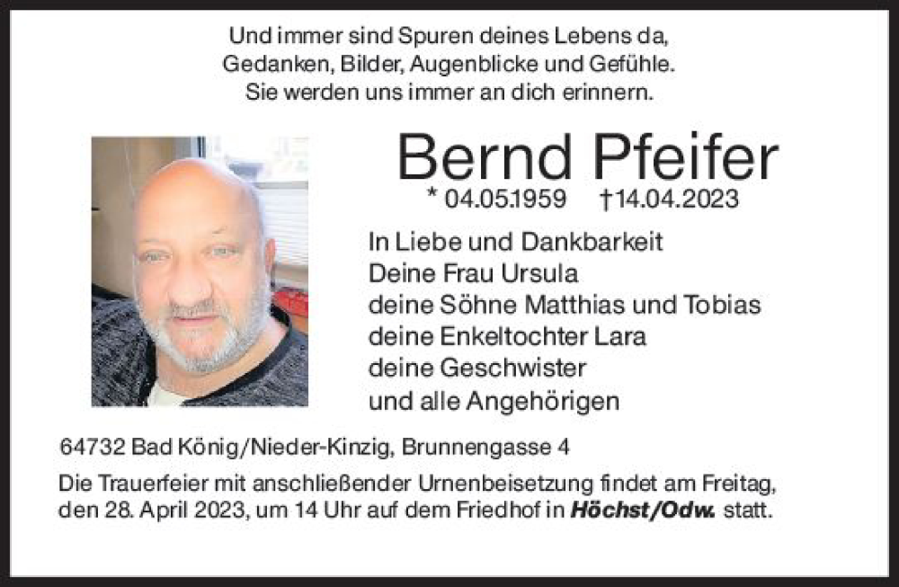  Traueranzeige für Bernd Pfeifer vom 22.04.2023 aus Odenwälder Echo