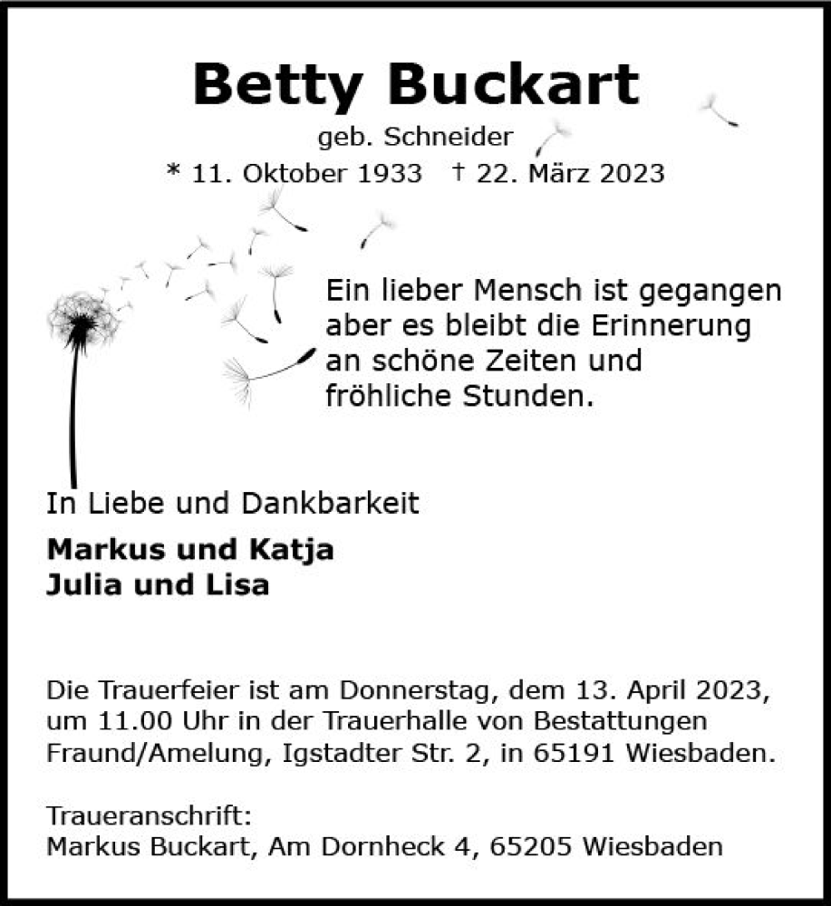  Traueranzeige für Betty Buckart vom 08.04.2023 aus Wiesbadener Kurier