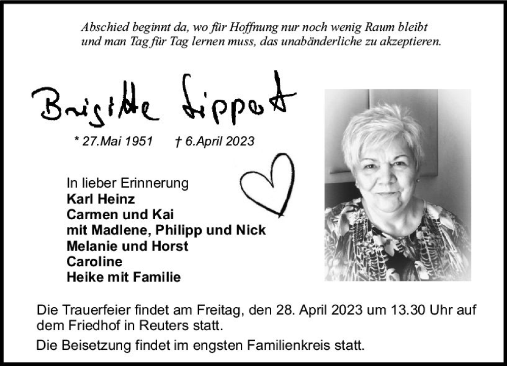  Traueranzeige für Brigitte Lippert vom 15.04.2023 aus VRM Trauer