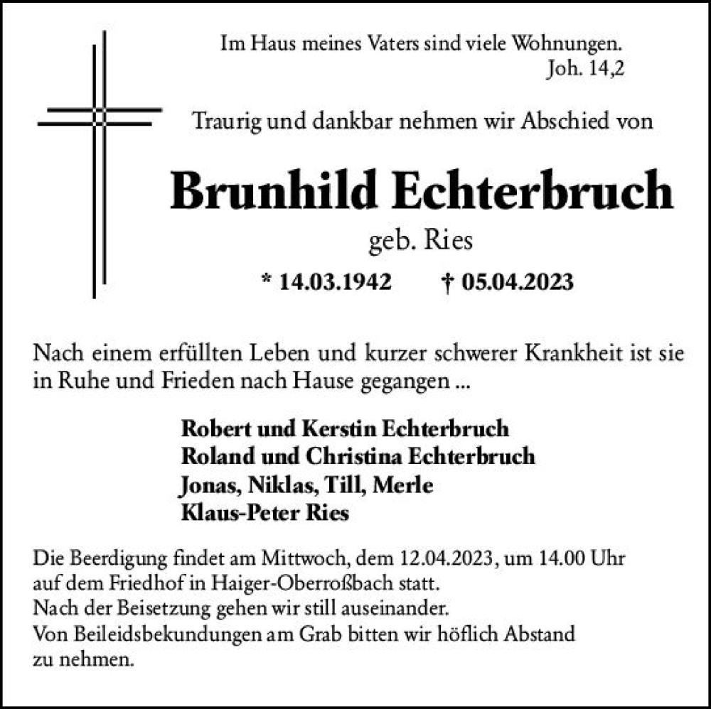  Traueranzeige für Brunhild Echterbruch vom 08.04.2023 aus Dill Block
