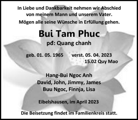 Traueranzeige von Bui Tam Phuc von Dill Block