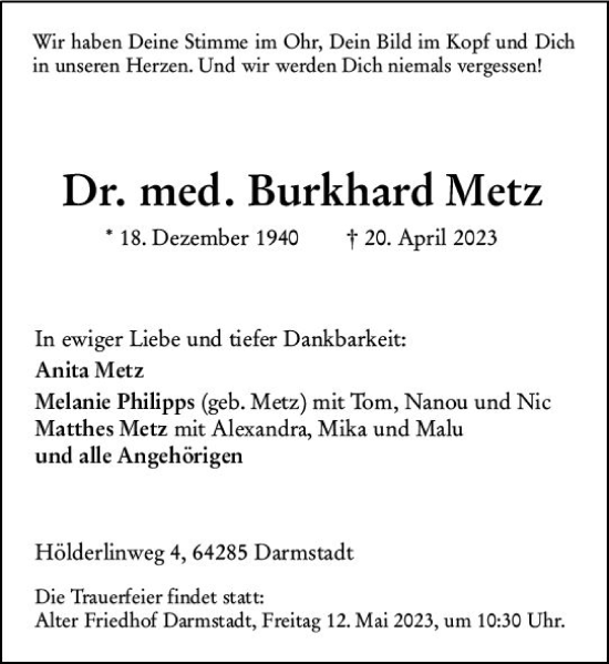 Traueranzeige von Burkhard Metz von Darmstädter Echo