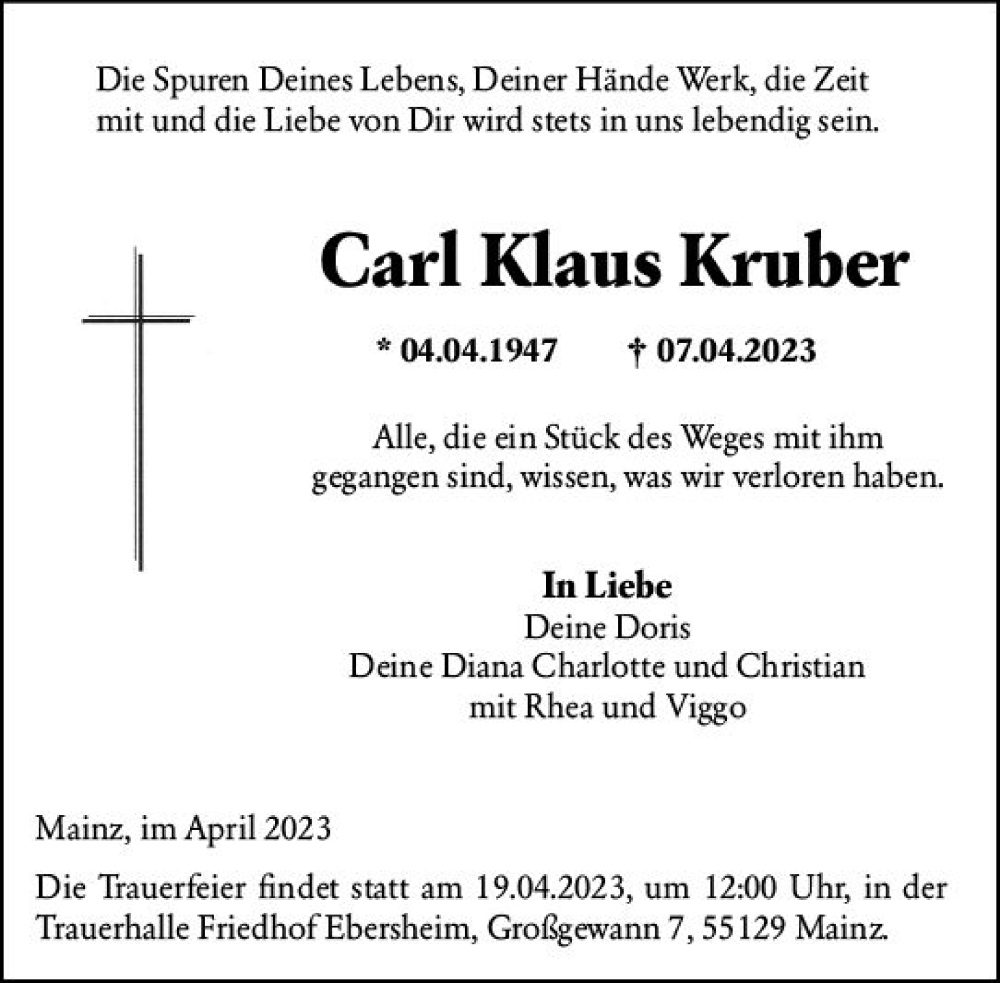  Traueranzeige für Carl Klaus Kruber vom 15.04.2023 aus Allgemeine Zeitung Mainz
