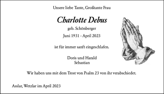 Traueranzeige von Charlotte Debus von Wetzlarer Neue Zeitung