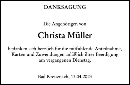 Traueranzeige von Christa Müller von Allgemeine Zeitung Bad Kreuznach
