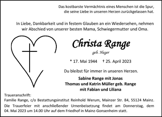 Traueranzeige von Christa Range von Allgemeine Zeitung Mainz