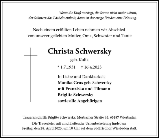 Traueranzeige von Christa Schwersky von Wiesbadener Kurier