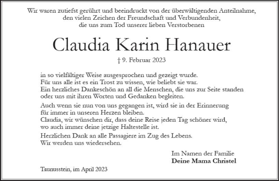 Traueranzeige von Claudia Karin Hanauer von Wiesbadener Kurier
