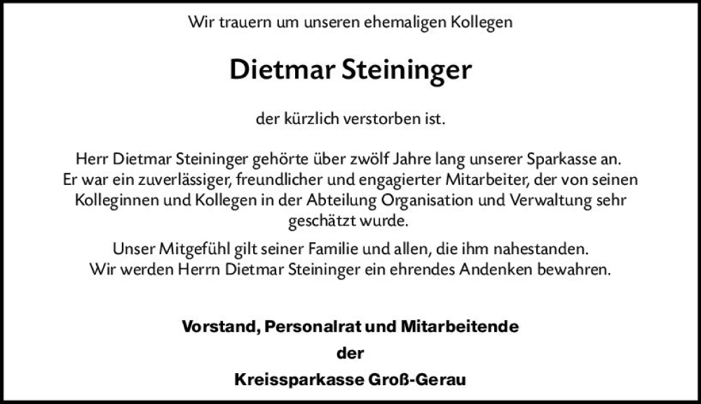  Traueranzeige für Dietmar Steininger vom 29.04.2023 aus Darmstädter Echo