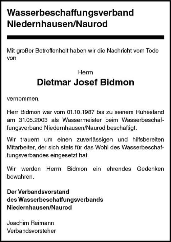 Traueranzeige von Dietmar Josef Bidmon von Idsteiner Land/Untertaunus