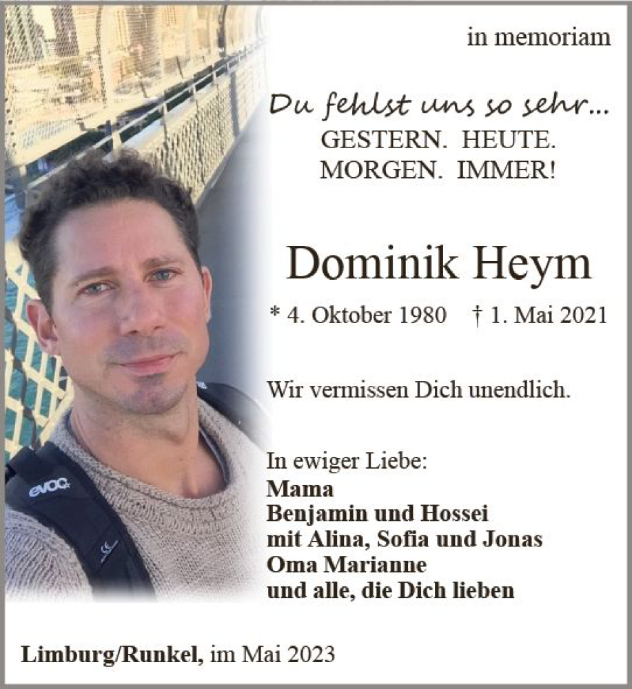  Traueranzeige für Dominik Heym vom 29.04.2023 aus Nassauische Neue Presse