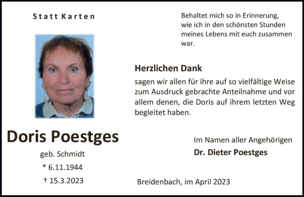  Traueranzeige für Doris Poestges vom 22.04.2023 aus Hinterländer Anzeiger