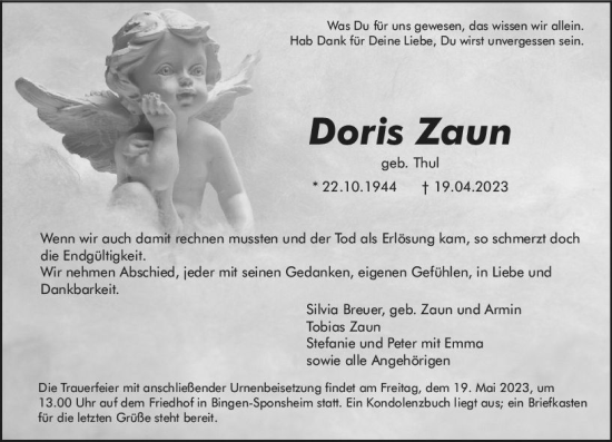Traueranzeige von Doris Zaun von Bingen/Ingelheim WOBL inkl. Neue Binger Ztg.