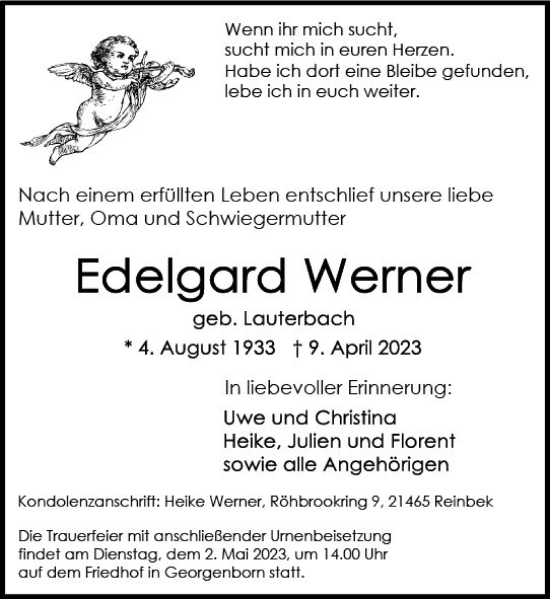 Traueranzeige von Edelgard Werner von Wiesbadener Kurier