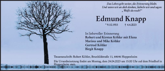 Traueranzeige von Edmund Knapp von Starkenburger Echo