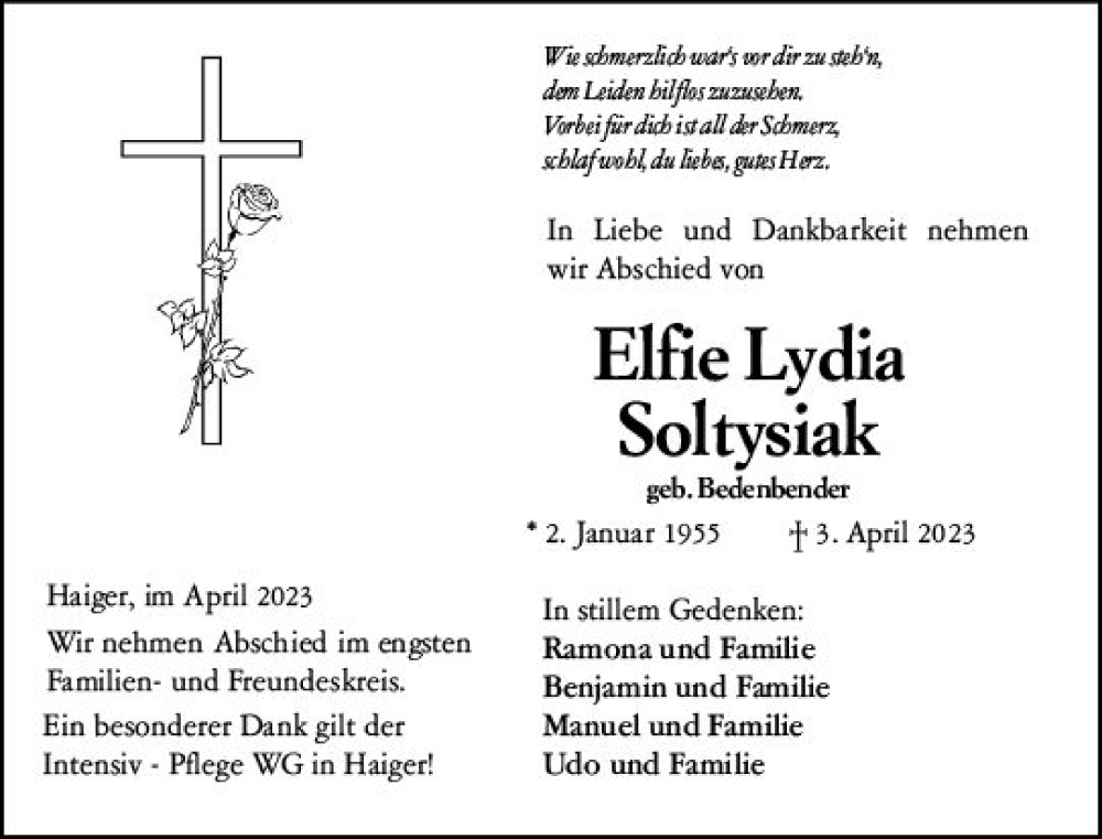  Traueranzeige für Elfie Lydia Soltysiak vom 06.04.2023 aus Dill Block