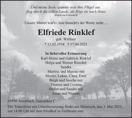 Traueranzeige von Elfriede Rinklef von Odenwälder Echo