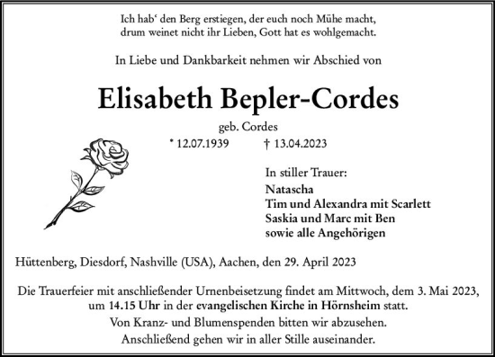 Traueranzeige von Elisabeth Bepler-Cordes von Wetzlarer Neue Zeitung
