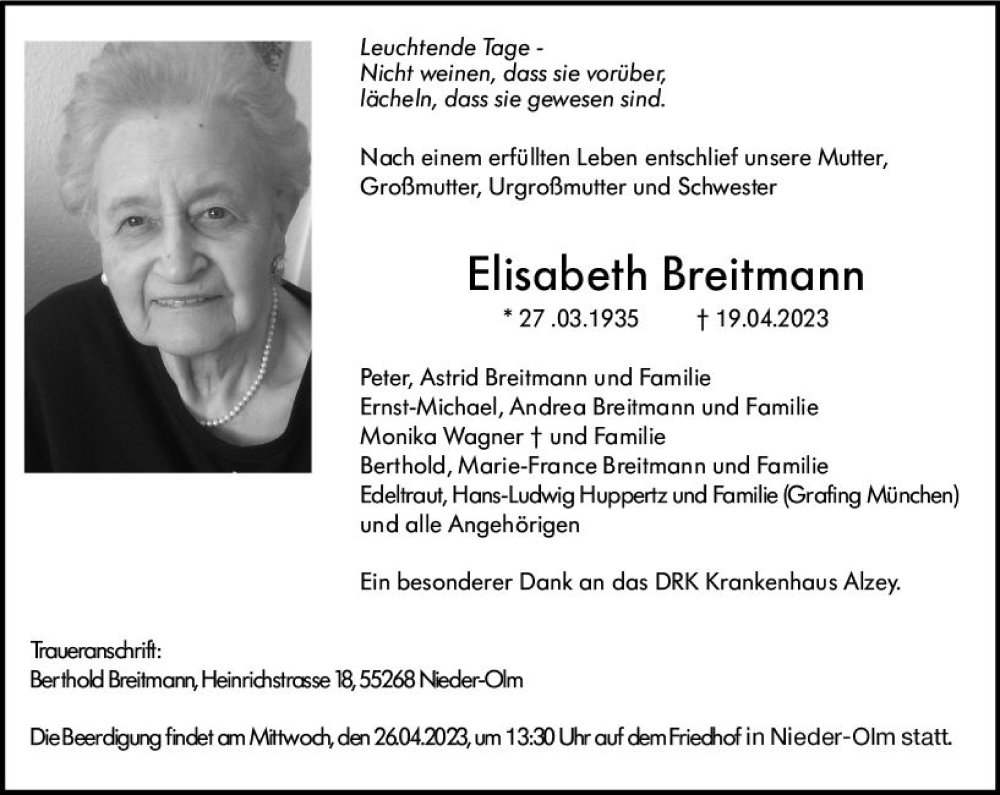  Traueranzeige für Elisabeth Breitmann vom 22.04.2023 aus Allgemeine Zeitung Mainz