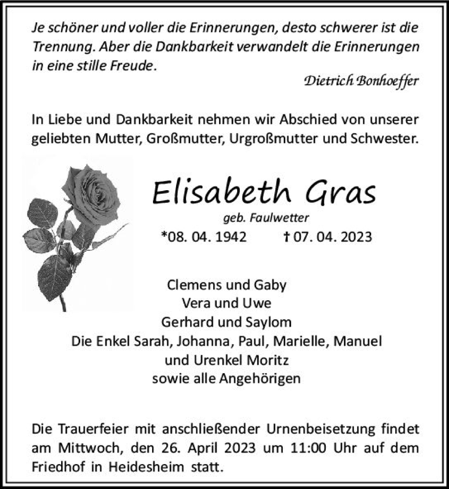  Traueranzeige für Elisabeth Gras vom 22.04.2023 aus Allgemeine Zeitung Bingen/Ingelheim