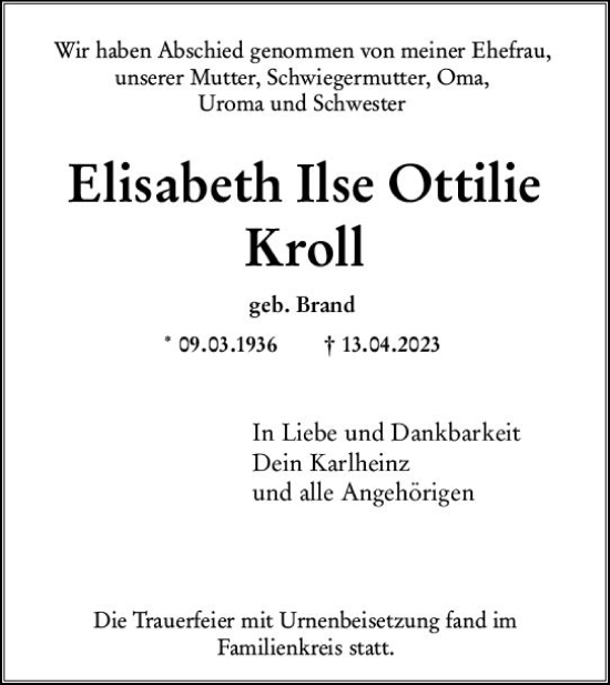 Traueranzeige von Elisabeth Ilse Ottilie Kroll von Odenwälder Echo