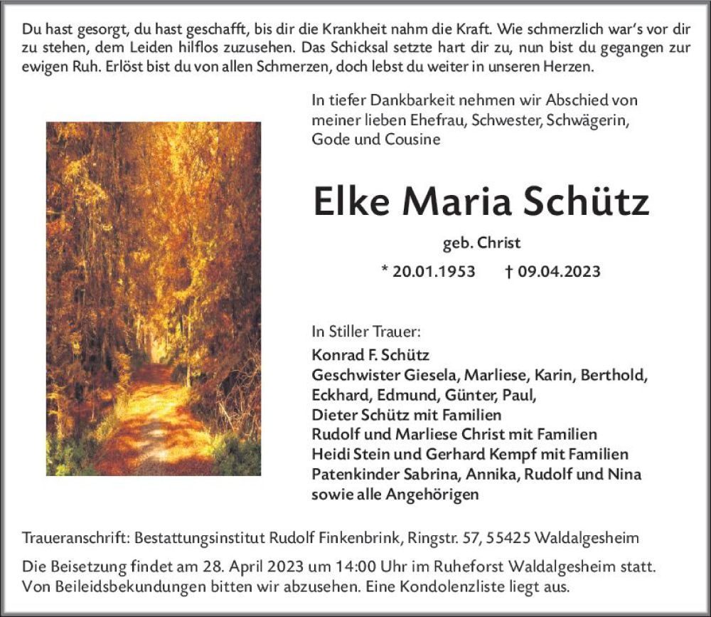  Traueranzeige für Elke Maria Schütz vom 22.04.2023 aus Bingen/Ingelheim WOBL inkl. Neue Binger Ztg.