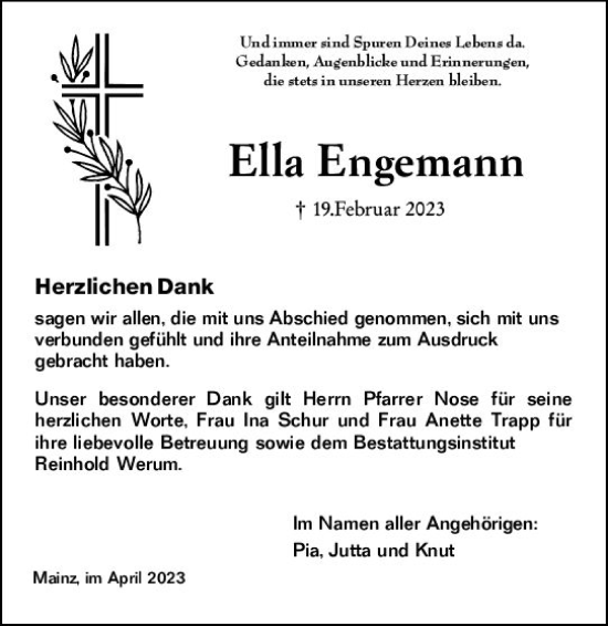 Traueranzeige von Ella Engemann von Allgemeine Zeitung Mainz