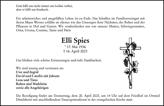 Traueranzeige von Elli Spies von Allgemeine Zeitung Alzey