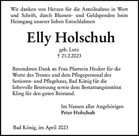 Traueranzeige von Elly Holschuh von Odenwälder Echo