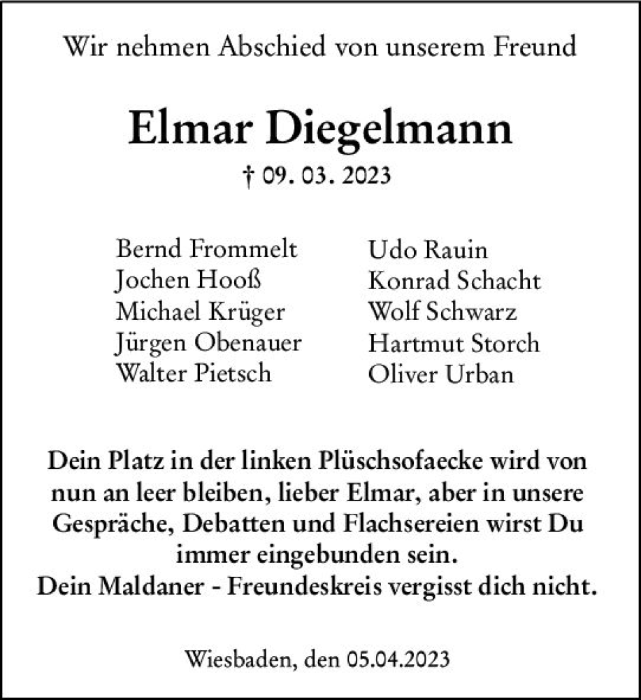  Traueranzeige für Elmar Diegelmann vom 11.04.2023 aus Wiesbadener Kurier