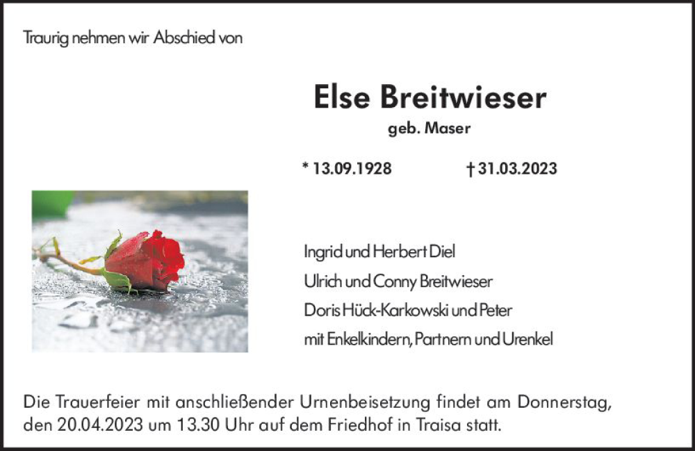  Traueranzeige für Else Breitwieser vom 15.04.2023 aus Darmstädter Echo