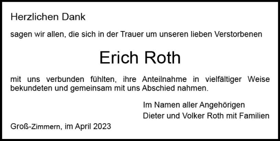 Traueranzeige von Erich Roth von Dieburger Anzeiger/Groß-Zimmerner Lokal-Anzeiger