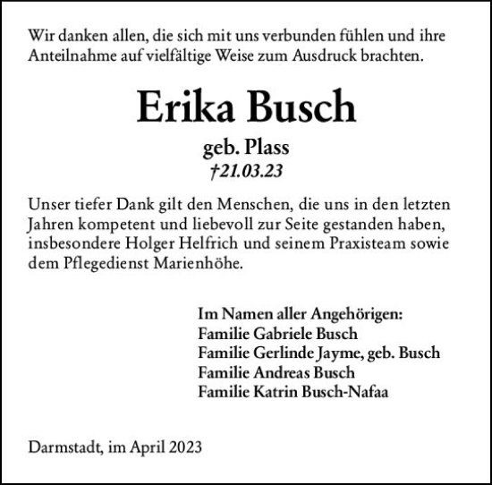 Traueranzeige von Erika Busch von Darmstädter Echo