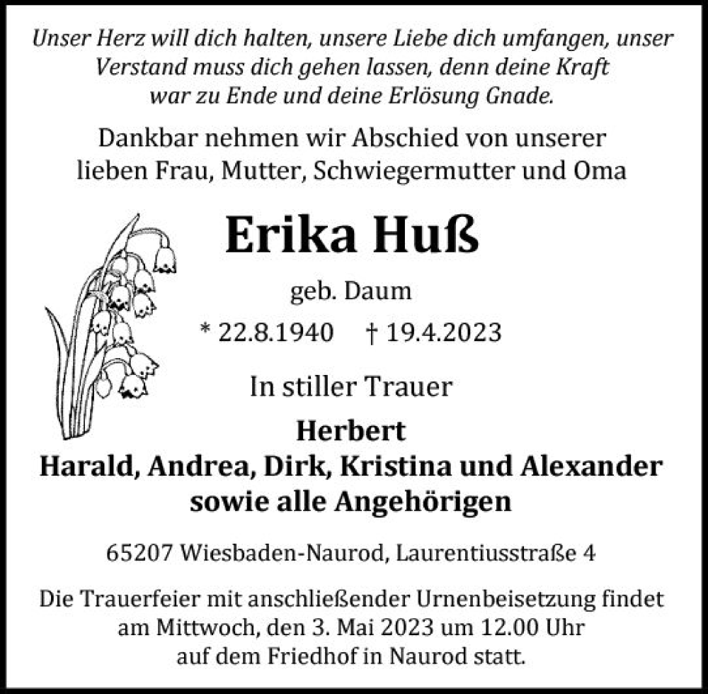  Traueranzeige für Erika Huß vom 29.04.2023 aus Wiesbadener Kurier