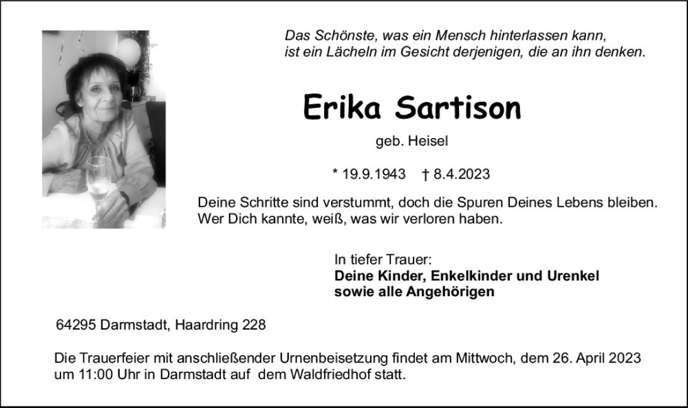  Traueranzeige für Erika Sartison vom 22.04.2023 aus Darmstädter Echo