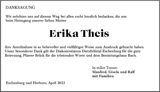 Traueranzeige von Erika Theis von Dill Block