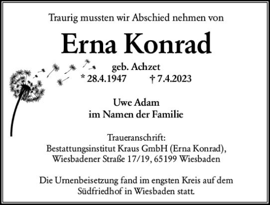 Traueranzeige von Erna Konrad von Wiesbadener Kurier
