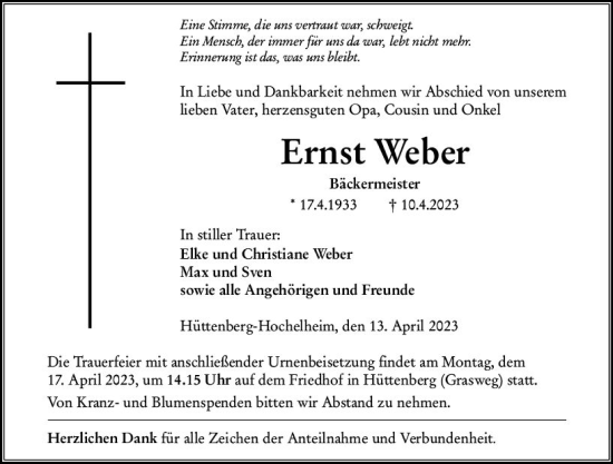Traueranzeige von Ernst Weber von Wetzlarer Neue Zeitung