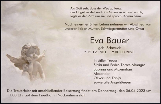 Traueranzeige von Eva Bauer von Allgemeine Zeitung Mainz