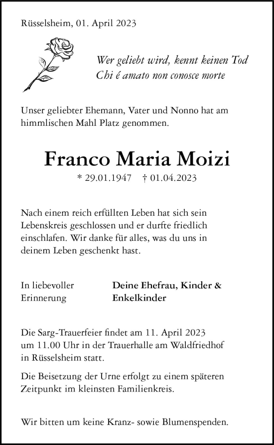 Traueranzeige von Franco Maria Moizi von Rüsselsheimer Echo