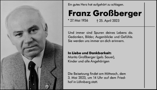 Traueranzeige von Franz Großberger von Weilburger Tageblatt